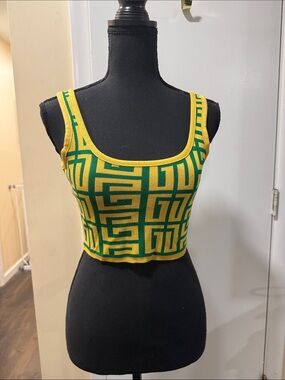Geometric Knit Crop Tank Top - Yellow & Green